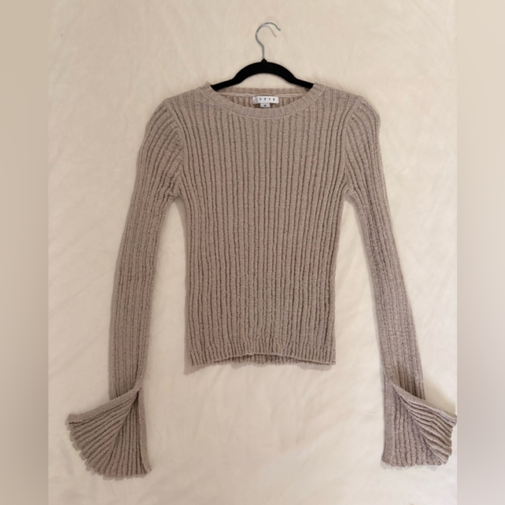 Ribbed Crewneck Sweater with Flared Cuffs in Taupe